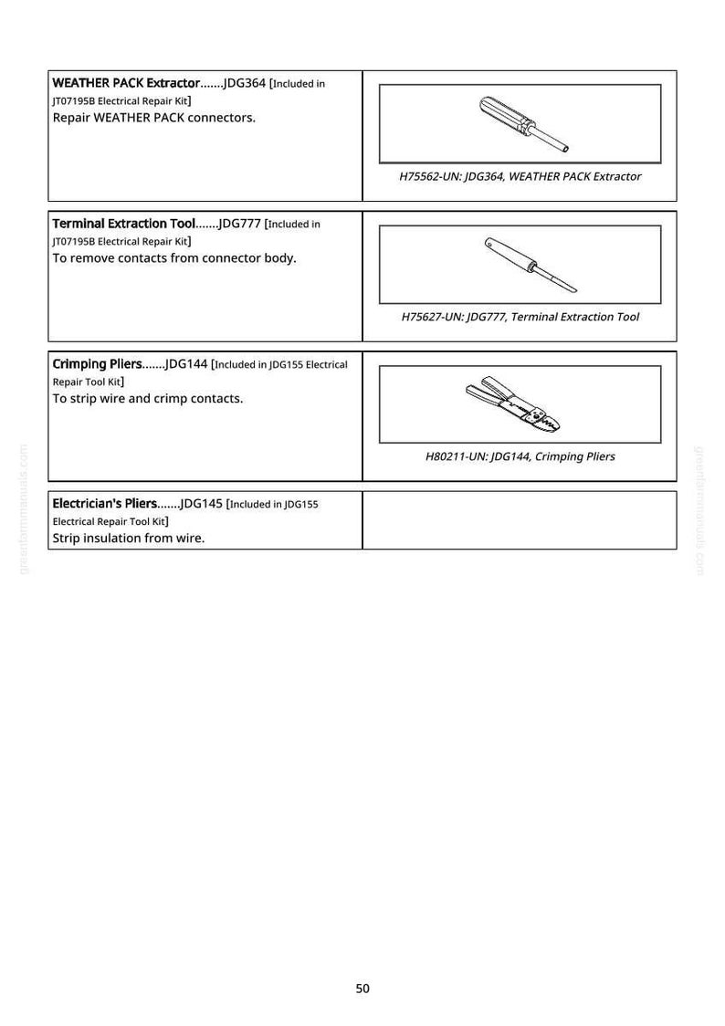 K&ouml;nnte beinhalten: Abbildung von Elektrowerkzeugen: WEATHER PACK Extractor, Terminal Extraction Tool, Crimpzange und Elektrikerzange. Jedes Werkzeug ist mit einem Produktcode und einer Beschreibung versehen.