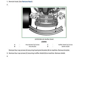 May include: Diagram illustrating the removal and installation of a muffler. The image shows a detailed view of the muffler shield, pivot bracket, and cap screws, with labels A, B, C, and D. Text instructions are also included.