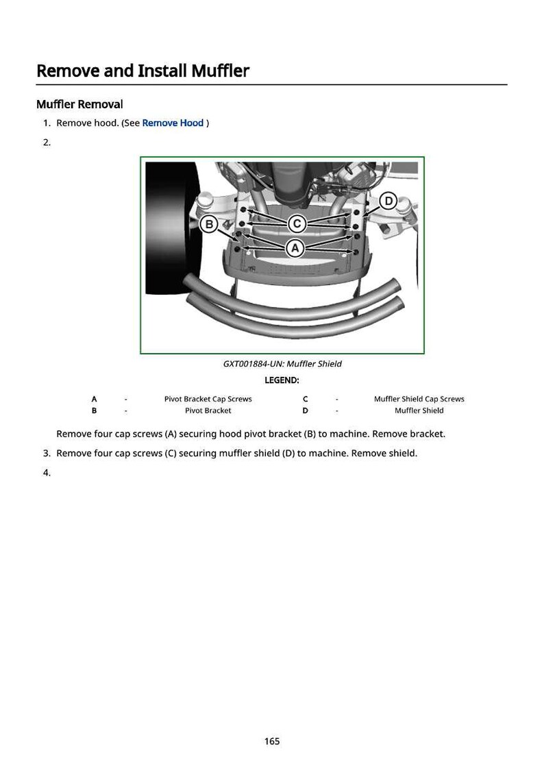 May include: Diagram illustrating the removal and installation of a muffler. The image shows a detailed view of the muffler shield, pivot bracket, and cap screws, with labels A, B, C, and D. Text instructions are also included.