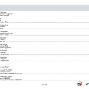 May include: A manual page featuring a table of contents in German, English, and French. The document details automotive components such as fuel injection, oil lines, and turbochargers. The Weidemann logo is displayed at the bottom of the page.