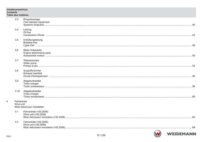 May include: A manual page featuring a table of contents in German, English, and French. The document details automotive components such as fuel injection, oil lines, and turbochargers. The Weidemann logo is displayed at the bottom of the page.