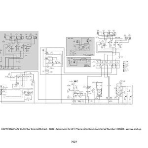 May include: A detailed schematic diagram in black and white, featuring complex electrical circuits and components. The diagram includes text labels and is labeled "HXC119042E-UN: Cutterbar Extend/Retract - 600X - Schematic for W/T Series Combine from Serial Number 105000 - xxxxxx and up."