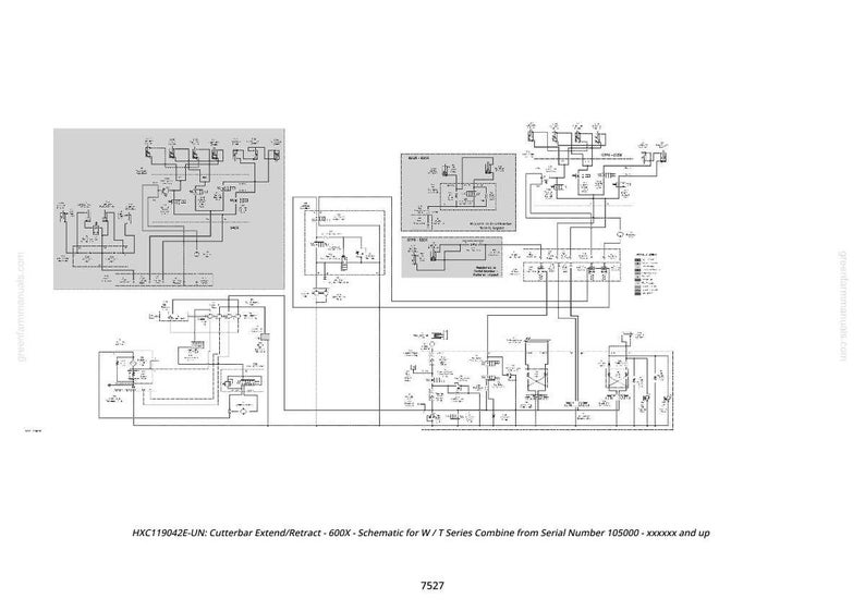 May include: A detailed schematic diagram in black and white, featuring complex electrical circuits and components. The diagram includes text labels and is labeled "HXC119042E-UN: Cutterbar Extend/Retract - 600X - Schematic for W/T Series Combine from Serial Number 105000 - xxxxxx and up."