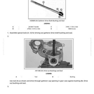 K&ouml;nnte beinhalten: Diagramm zum Ersetzen einer Buchse und eines Dichtrings der Sammeltriebwelle. Enth&auml;lt Bilder von Werkzeugen und Komponenten mit Beschriftungen und Ma&szlig;en in Zoll. Textanweisungen f&uuml;hren den Benutzer durch die Montage und das Austreiben.