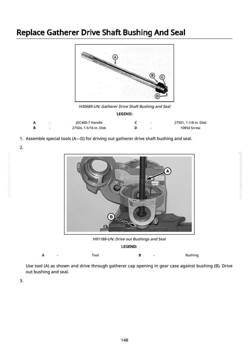 K&ouml;nnte beinhalten: Diagramm zum Ersetzen einer Buchse und eines Dichtrings der Sammeltriebwelle. Enth&auml;lt Bilder von Werkzeugen und Komponenten mit Beschriftungen und Ma&szlig;en in Zoll. Textanweisungen f&uuml;hren den Benutzer durch die Montage und das Austreiben.