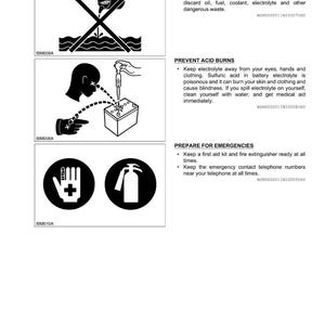 May include: Safety information sheet with illustrations and text. Includes warnings about discarding fluids, preventing acid burns, and preparing for emergencies. Features symbols for hazardous waste, eye protection, and first aid.