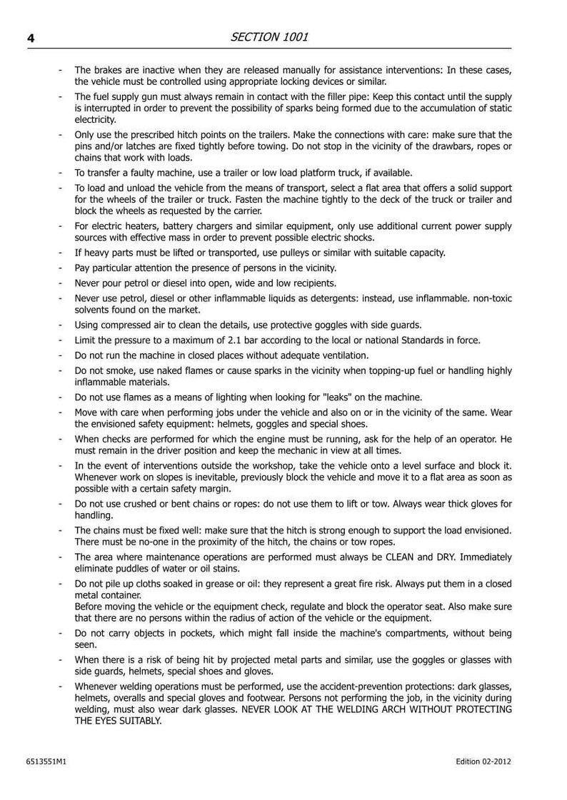 May include: A page from a manual, titled "SECTION 1001", with safety instructions. The text includes warnings about vehicle maintenance, fuel handling, and welding, emphasizing the use of protective gear like goggles and helmets. Edition 02-2012.