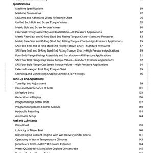 May include: A manual page featuring a table of contents. Key sections include specifications, tune-up, and fuel and lubricants. Page numbers are aligned on the right.