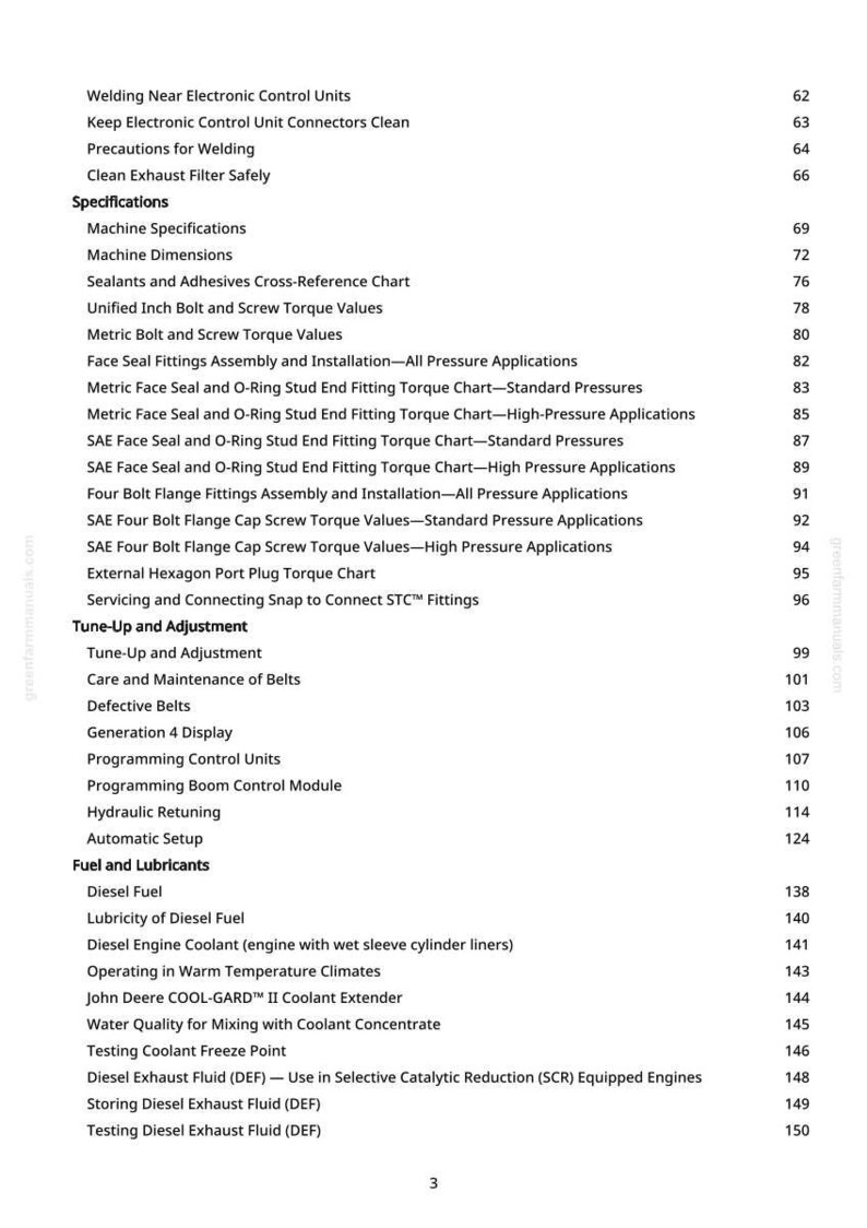 May include: A manual page featuring a table of contents. Key sections include specifications, tune-up, and fuel and lubricants. Page numbers are aligned on the right.