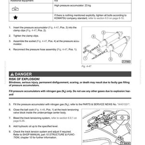 May include: A technical diagram from a shop manual detailing the assembly of high-pressure accumulators. The image includes diagrams, part numbers, and safety warnings about explosion risks. The text provides step-by-step instructions for assembly and maintenance.