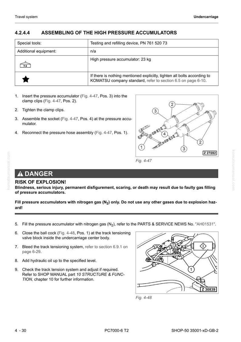 May include: A technical diagram from a shop manual detailing the assembly of high-pressure accumulators. The image includes diagrams, part numbers, and safety warnings about explosion risks. The text provides step-by-step instructions for assembly and maintenance.