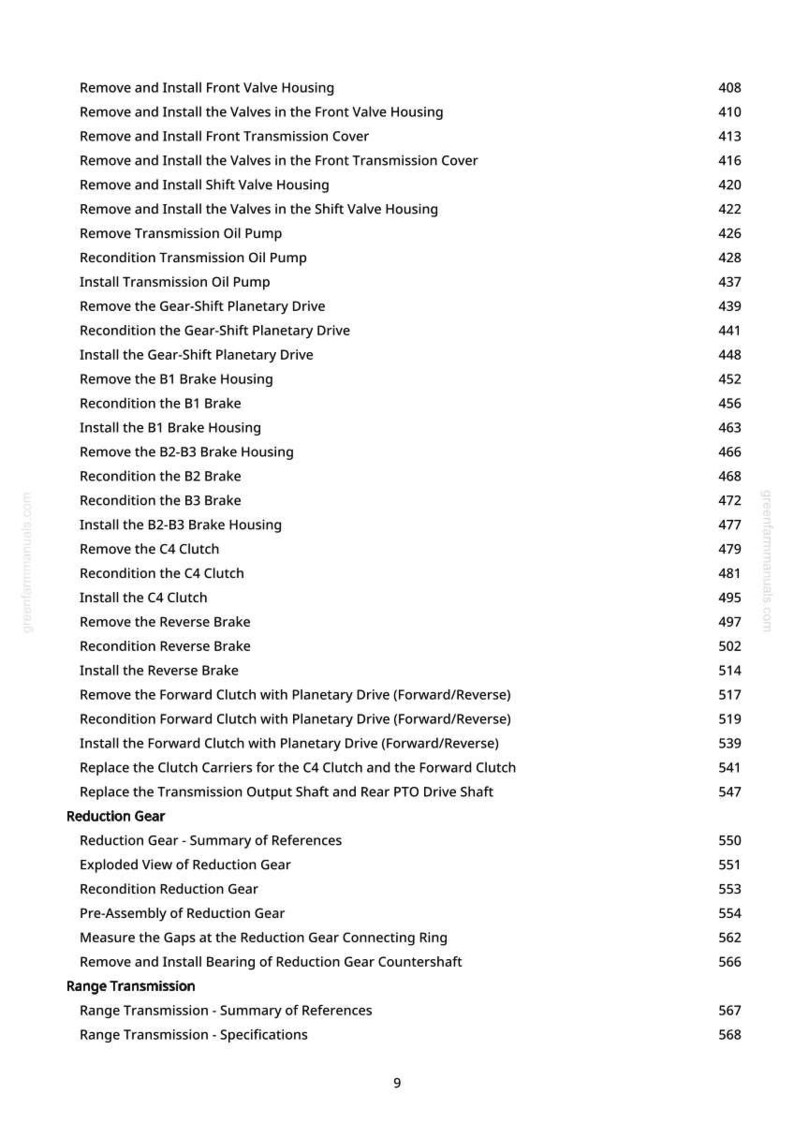 May include: A white page with a list of automotive repair procedures, including "Remove and Install Front Valve Housing" and "Recondition the B1 Brake." The page also includes a website address and page number.