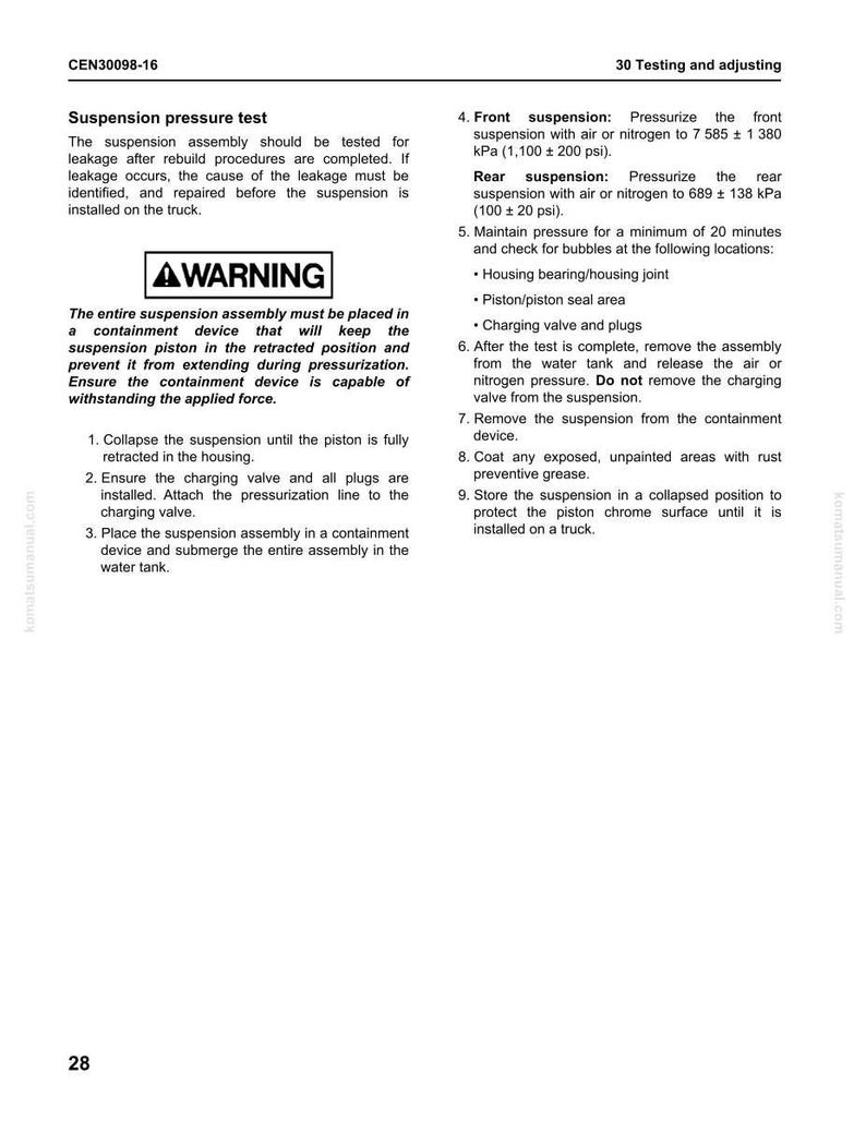 May include: A page from a manual detailing a suspension pressure test. The text includes instructions for testing, warnings, and steps for pressurizing and inspecting the suspension system. The page also includes a warning about the containment device.