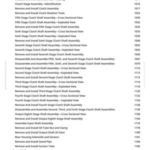 May include: A page from a manual with a list of automotive repair procedures, including clutch assembly and transmission work. The text is black on a white background, with page numbers and section titles.