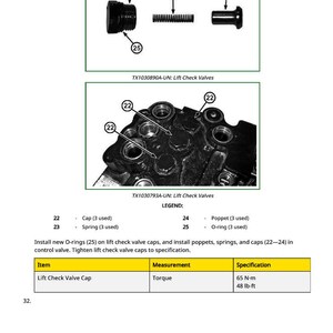 May include: Diagram of lift check valve components, including caps, springs, poppets, and O-rings. The image also shows a valve assembly and a table with torque specifications of 65 N-m or 48 lb-ft.