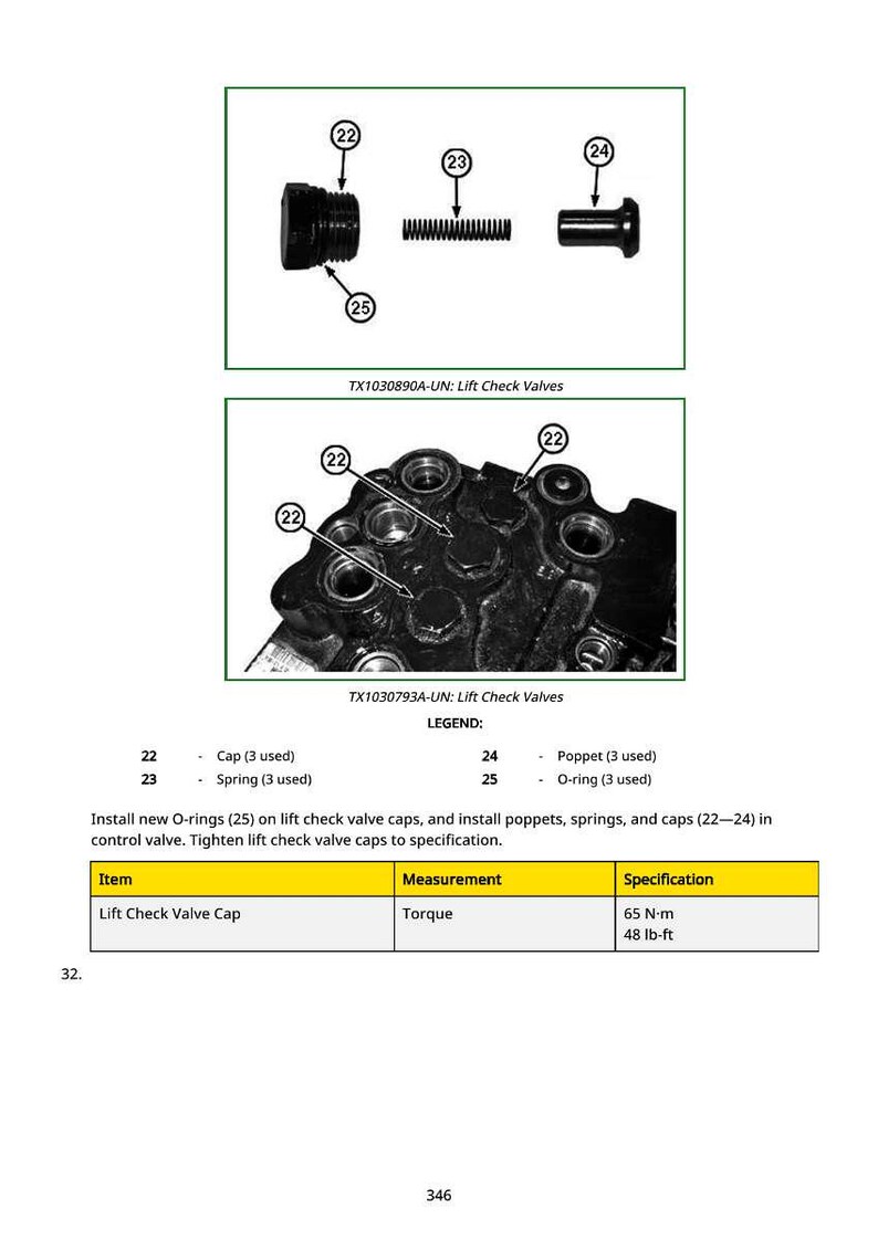 May include: Diagram of lift check valve components, including caps, springs, poppets, and O-rings. The image also shows a valve assembly and a table with torque specifications of 65 N-m or 48 lb-ft.