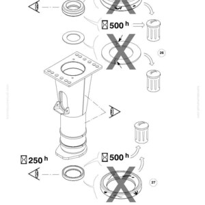 May include: An engineering diagram featuring a central cylindrical component, various circular parts, and trash can icons. The diagram includes notations like "250 h" and "500 h", along with crossed-out circular elements, indicating assembly instructions.