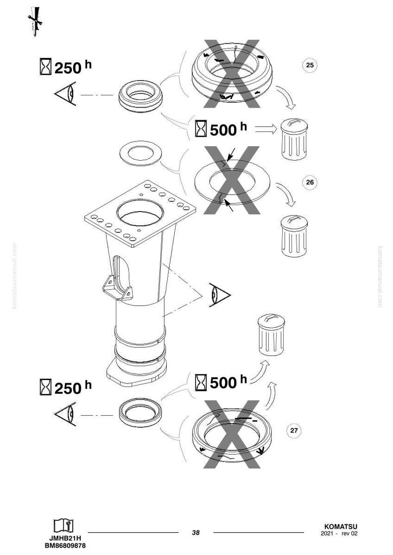 May include: An engineering diagram featuring a central cylindrical component, various circular parts, and trash can icons. The diagram includes notations like "250 h" and "500 h", along with crossed-out circular elements, indicating assembly instructions.