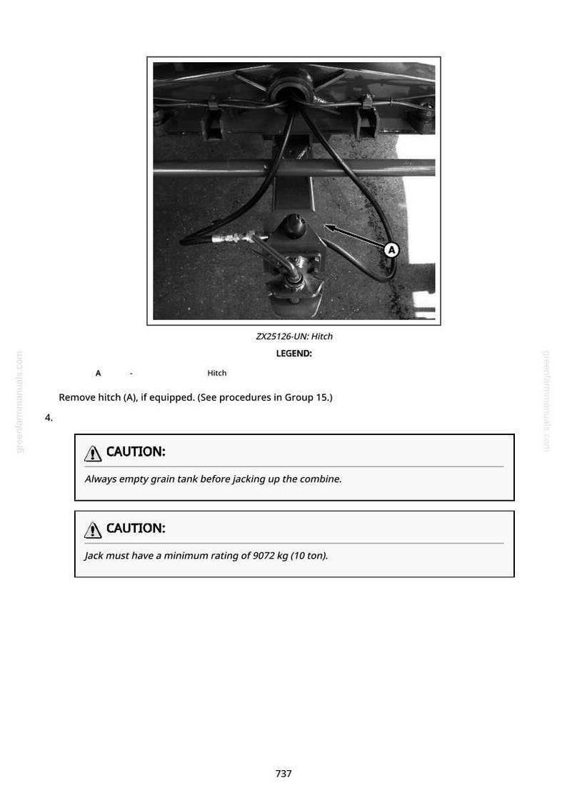 Puede incluir: Diagrama en blanco y negro de un enganche de cosechadora, etiquetado 'ZX25126-UN: Hitch'. Incluye una advertencia para vaciar el dep&oacute;sito de grano antes de levantar y una precauci&oacute;n sobre la capacidad m&iacute;nima del gato de 9072 kg.