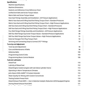 May include: A white-backgrounded page from a manual with a table of contents. The text includes topics like "Welding Near Electronic Control Units," "Machine Specifications," and "Diesel Fuel." Page numbers are listed on the right.
