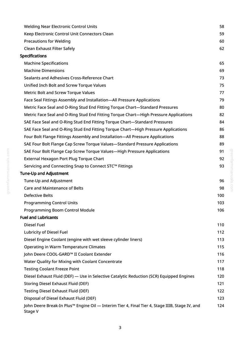 May include: A white-backgrounded page from a manual with a table of contents. The text includes topics like "Welding Near Electronic Control Units," "Machine Specifications," and "Diesel Fuel." Page numbers are listed on the right.