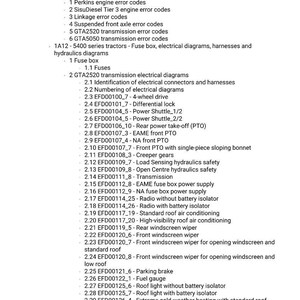 May include: A detailed list of tractor components and systems, including error codes, electrical diagrams, and various mechanical parts. The text is organized with numbered sections and sub-sections, covering topics like fuses, PTO, and air conditioning.