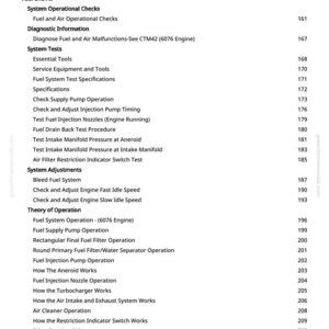May include: A page from a manual with a table of contents for a fuel and air system. The text includes sections on system tests, adjustments, and operation, with page numbers listed.
