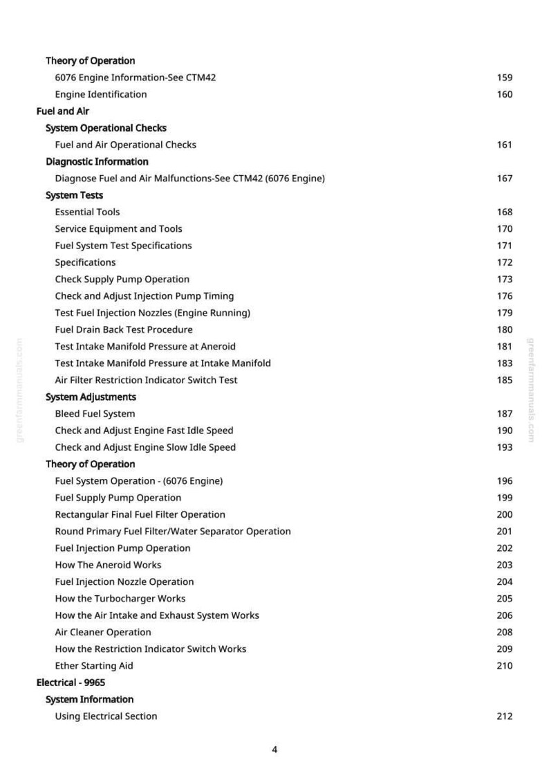May include: A page from a manual with a table of contents for a fuel and air system. The text includes sections on system tests, adjustments, and operation, with page numbers listed.