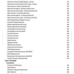 May include: A page from a manual with a list of automotive wiring harnesses and related components. The text includes terms like "Attachment Harness," "Main Harness," and "Trailer Connector Wiring Harness," along with page numbers.