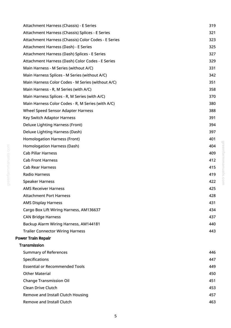 May include: A page from a manual with a list of automotive wiring harnesses and related components. The text includes terms like "Attachment Harness," "Main Harness," and "Trailer Connector Wiring Harness," along with page numbers.