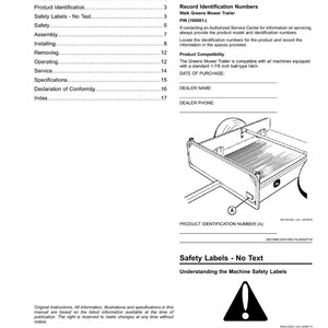 Pode incluir: Uma p&aacute;gina de um manual com o t&iacute;tulo "Conte&uacute;do". O manual inclui se&ccedil;&otilde;es sobre identifica&ccedil;&atilde;o do produto, etiquetas de seguran&ccedil;a, montagem e opera&ccedil;&atilde;o. Um diagrama de um trailer &eacute; mostrado, junto com um s&iacute;mbolo de aviso de seguran&ccedil;a.