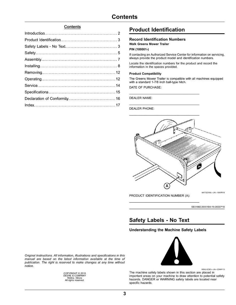 Pode incluir: Uma p&aacute;gina de um manual com o t&iacute;tulo "Conte&uacute;do". O manual inclui se&ccedil;&otilde;es sobre identifica&ccedil;&atilde;o do produto, etiquetas de seguran&ccedil;a, montagem e opera&ccedil;&atilde;o. Um diagrama de um trailer &eacute; mostrado, junto com um s&iacute;mbolo de aviso de seguran&ccedil;a.