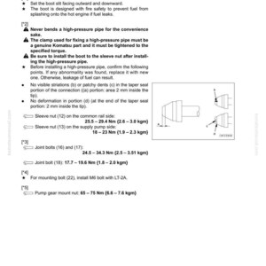 May include: A page from a Komatsu manual, SEN02710-03, detailing installation instructions and torque specifications for various components. Includes diagrams and measurements in Nm and kgm. The text includes warnings and installation steps.