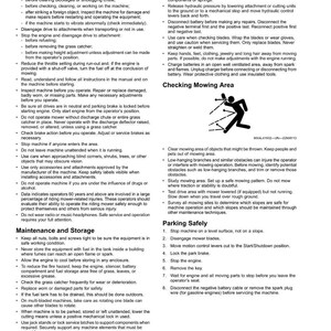May include: A safety manual for lawnmowers, detailing operational and maintenance guidelines. It covers safety precautions, storage, and maintenance procedures. The document provides warnings about potential hazards and how to avoid them.