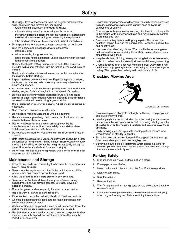 May include: A safety manual for lawnmowers, detailing operational and maintenance guidelines. It covers safety precautions, storage, and maintenance procedures. The document provides warnings about potential hazards and how to avoid them.