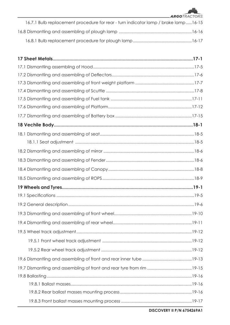 Op de afbeelding: Een witte pagina uit een handleiding met een inhoudsopgave. De inhoudsopgave beschrijft procedures voor het demonteren en monteren van voertuigonderdelen, zoals de motorkap, brandstoftank en wielen. Het document is gemarkeerd "DISCOVERY II P/N 6754269A1".