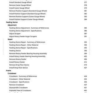 May include: A page from a manual with a table of contents. The text includes sections on Gauge Wheel, Feeding Device, Adjustment, Repair, Frame, and Gate, with page numbers listed to the right.