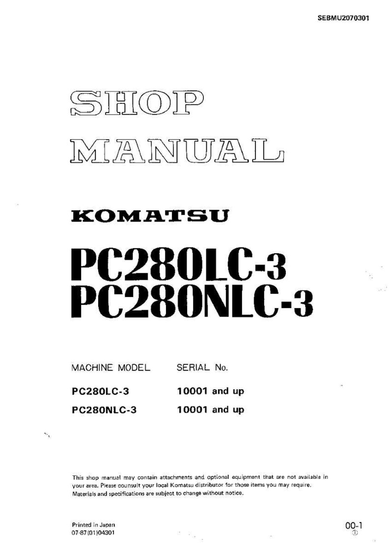May include: A white shop manual for Komatsu PC280LC-3 and PC280NLC-3 machines. The cover features the words "SHOP MANUAL" in large, outlined font, with the Komatsu logo and model numbers prominently displayed. Includes machine model and serial number information.