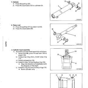 Pu&ograve; includere: Diagramma di montaggio del cilindro idraulico, con istruzioni dettagliate ed etichette dei componenti. Include diagrammi del cilindro, dello stelo del pistone e del gruppo testa cilindro. Misure in cm.
