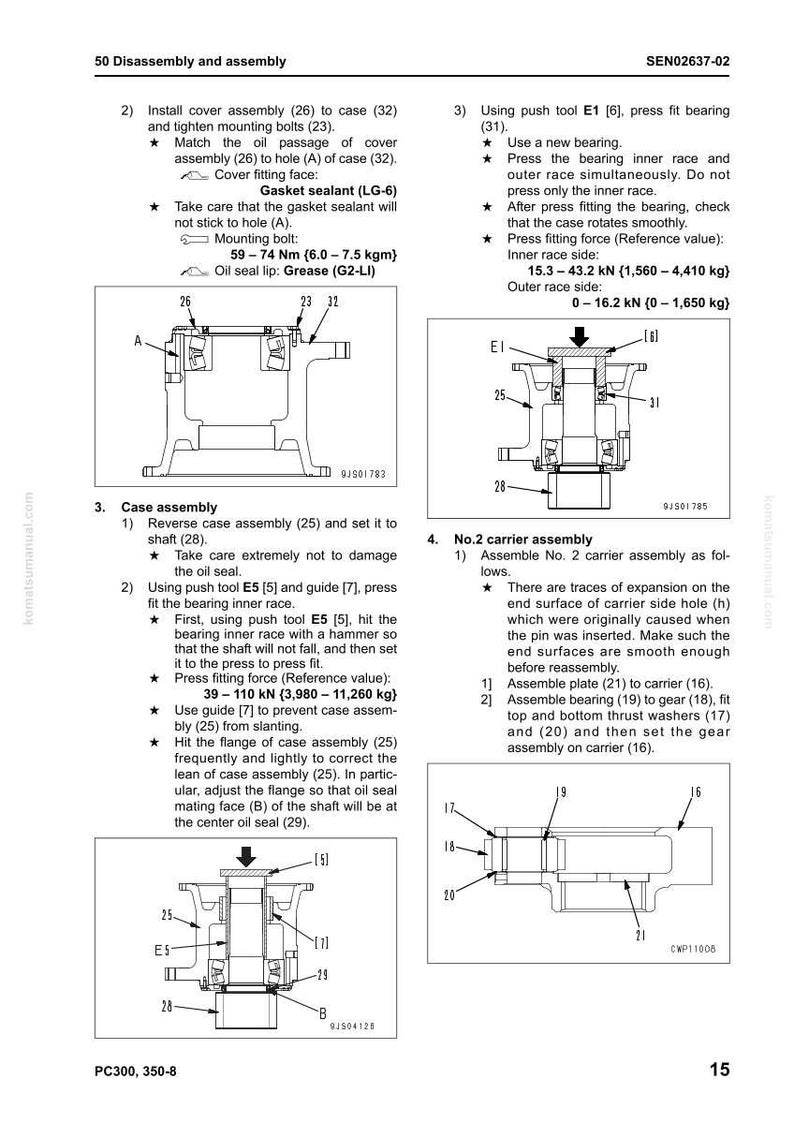 Op de afbeelding: Technische diagram met de demontage en montage van mechanische componenten. Bevat gedetailleerde illustraties, metingen in Nm en kN, en montage-instructies. Toont schema's van behuizing- en dragerassemblage.