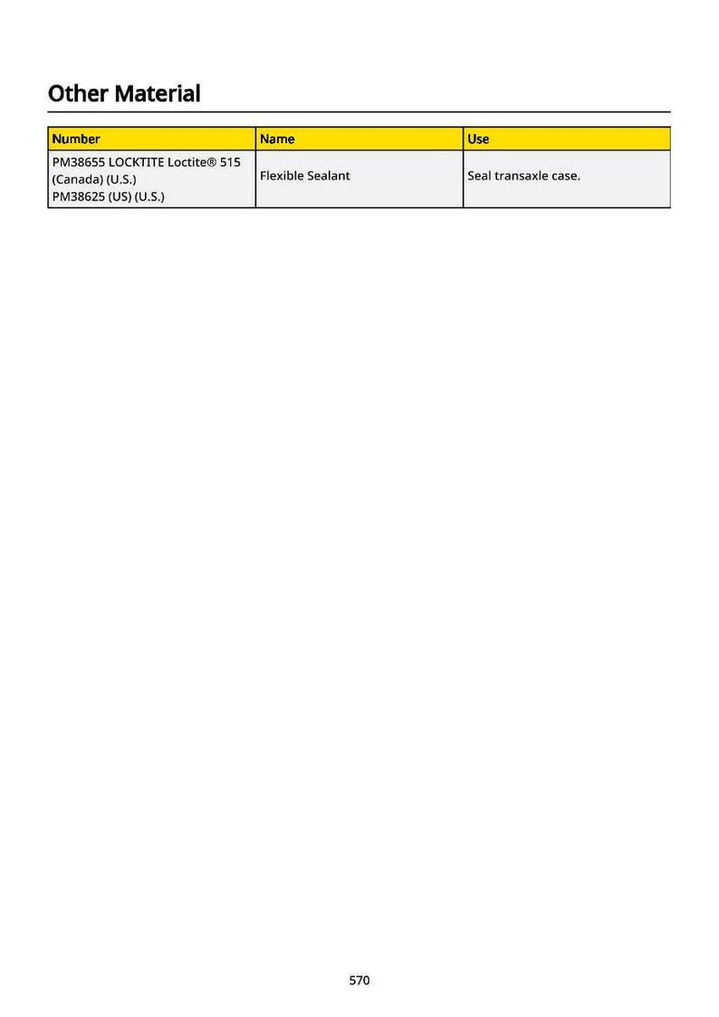 May include: A white document titled "Other Material" lists product information. The table includes the number, name, and use of the materials. The first entry is PM38655 LOCKTITE Loctite&reg; 515, a flexible sealant used to seal a transaxle case.