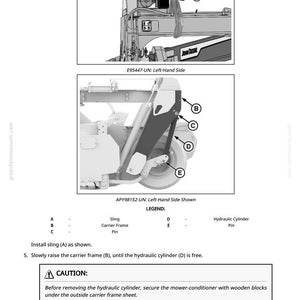 May include: Diagram of a John Deere agricultural machine, showing the left-hand side. The image includes labeled parts such as the sling, carrier frame, and hydraulic cylinder. Instructions and a caution are also included.