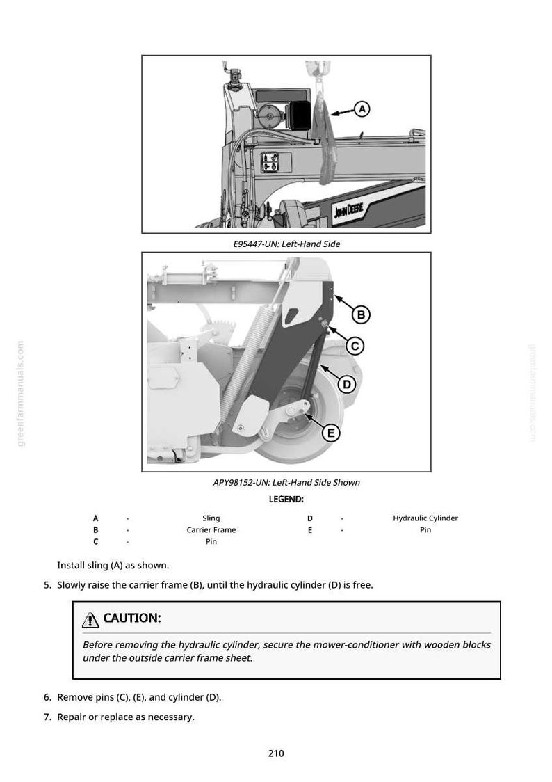 May include: Diagram of a John Deere agricultural machine, showing the left-hand side. The image includes labeled parts such as the sling, carrier frame, and hydraulic cylinder. Instructions and a caution are also included.