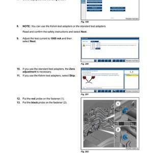 May include: A page from a Fendt tractor manual detailing electrical power system procedures. The document includes screenshots of software interfaces, diagrams, and instructions for testing and adjusting electrical components. Text includes "Diagnostic / HV Safety" and "Adjust the test current to 1000 mA".