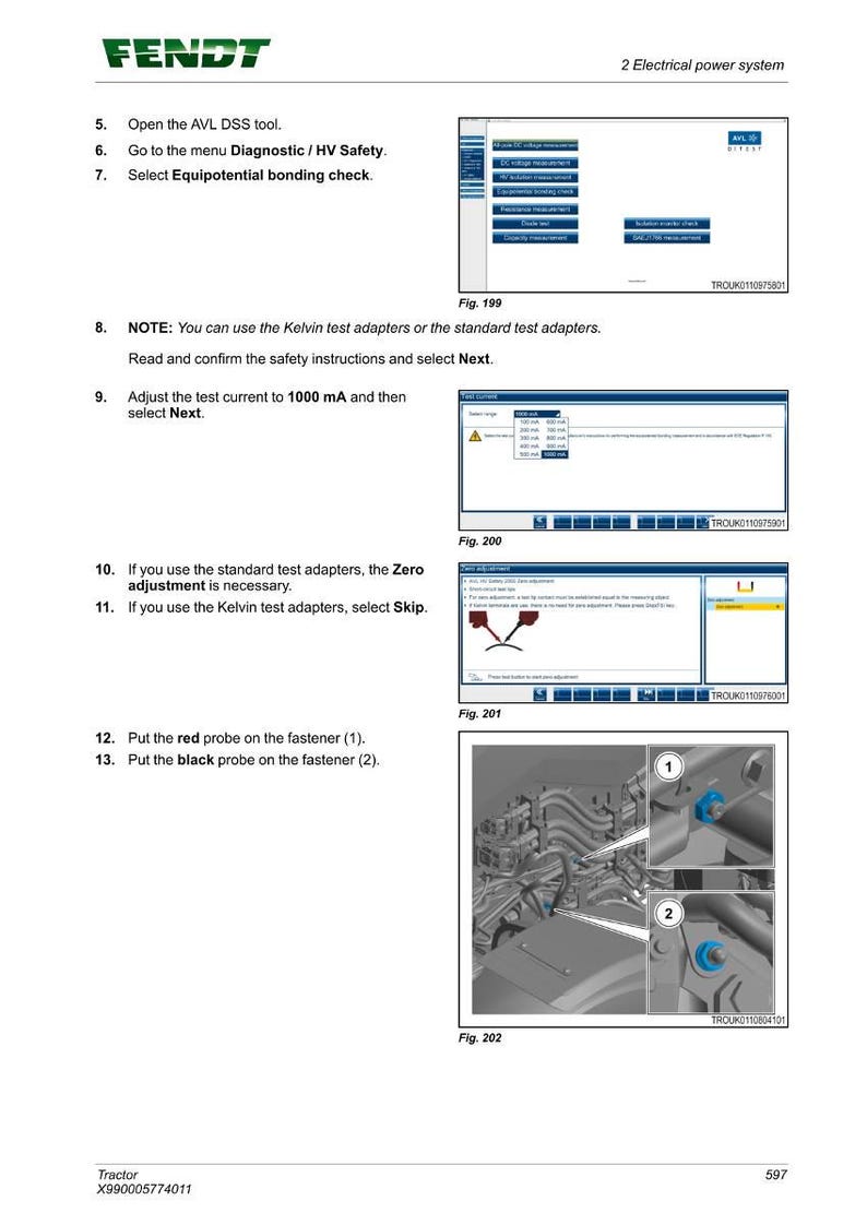 May include: A page from a Fendt tractor manual detailing electrical power system procedures. The document includes screenshots of software interfaces, diagrams, and instructions for testing and adjusting electrical components. Text includes "Diagnostic / HV Safety" and "Adjust the test current to 1000 mA".