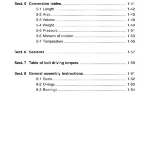 May include: A white page from a manual with the title "INTRODUCTION" and "CHAP.1". The page lists conversion tables, sealants, bolt driving torques, and general assembly instructions. The page numbers are on the right.