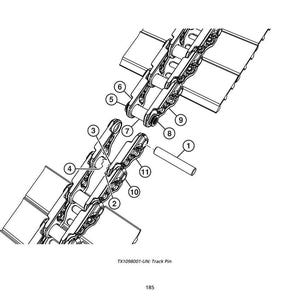 May include: An exploded diagram of a track assembly, featuring a track pin and various interconnected components. The image is a technical illustration with labels and numbers, showing the parts in a detailed, black and white format.