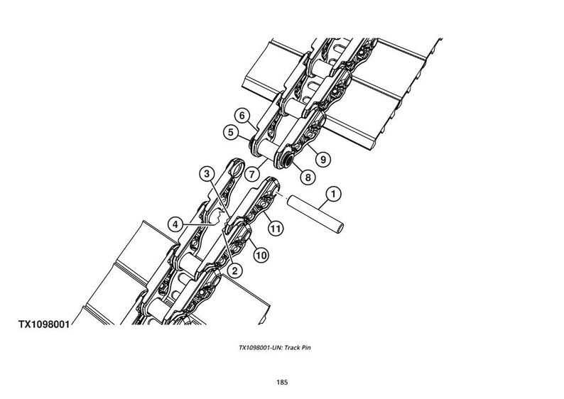 May include: An exploded diagram of a track assembly, featuring a track pin and various interconnected components. The image is a technical illustration with labels and numbers, showing the parts in a detailed, black and white format.