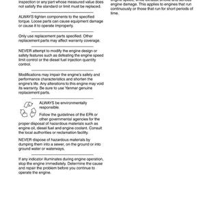 May include: A page from a Yanmar 6SY/8SY Service Manual detailing safety precautions. The text provides warnings about engine maintenance, replacement parts, and environmental responsibility. The page also has a section on safety.