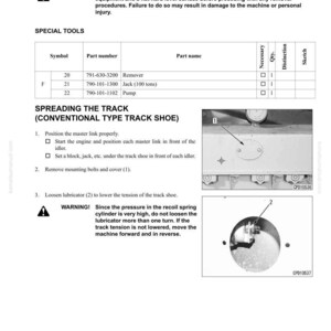 K&ouml;nnte beinhalten: Eine technische Zeichnung aus einem Handbuch, die die Demontage und Montage eines Kettensystems detailliert. Die Seite enth&auml;lt Warnhinweise, Spezialwerkzeuge und Anweisungen zum Spreizen der Kette, mit Diagrammen und Teilenummern.
